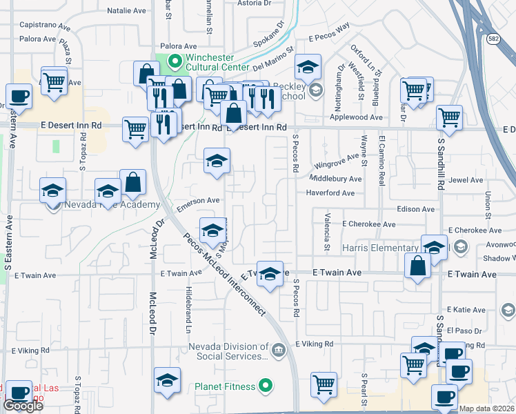 map of restaurants, bars, coffee shops, grocery stores, and more near 3518 Blackstone Street in Las Vegas