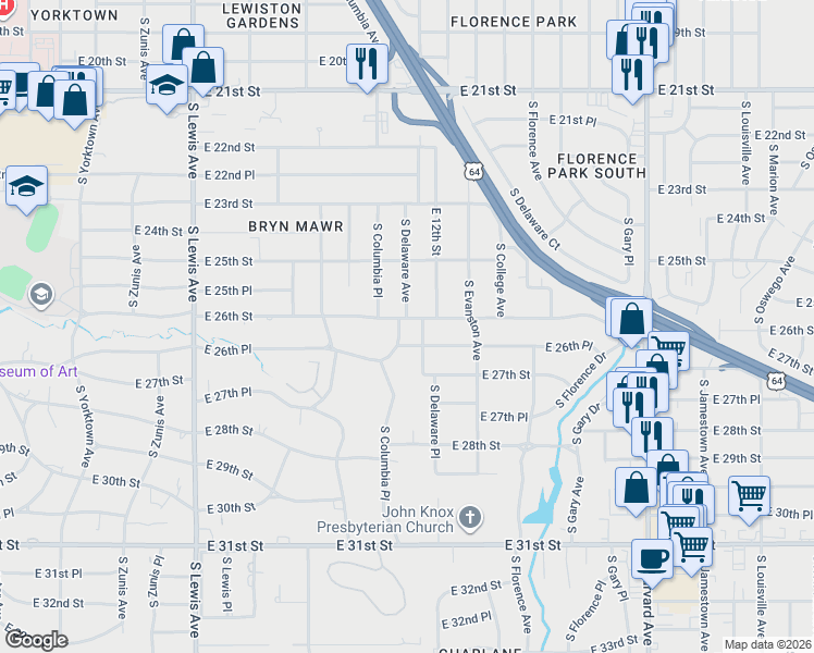 map of restaurants, bars, coffee shops, grocery stores, and more near 2720 East 26th Street in Tulsa