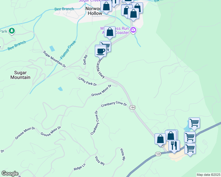 map of restaurants, bars, coffee shops, grocery stores, and more near 186 Bridle Spur Lane in Sugar Mountain