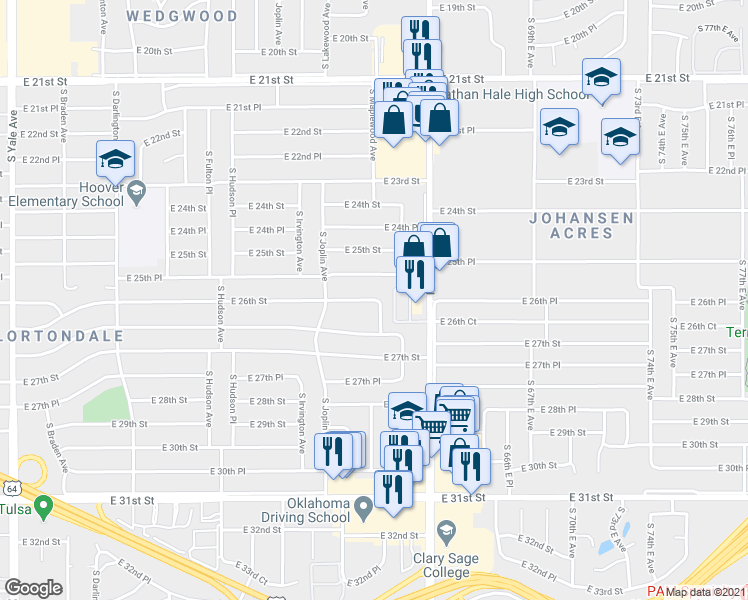 map of restaurants, bars, coffee shops, grocery stores, and more near 5943 East 26th Street in Tulsa