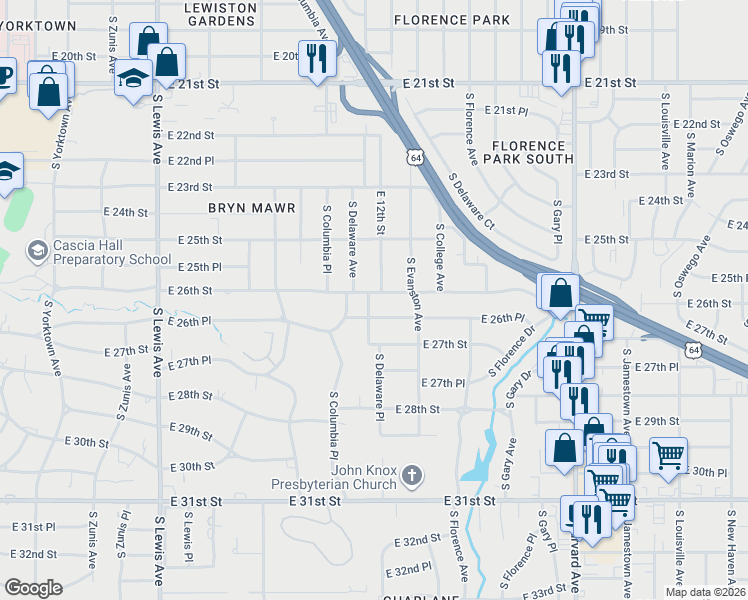 map of restaurants, bars, coffee shops, grocery stores, and more near 2810 East 26th Street in Tulsa