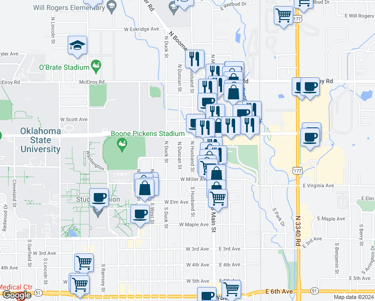 map of restaurants, bars, coffee shops, grocery stores, and more near 314 North Husband Street in Stillwater