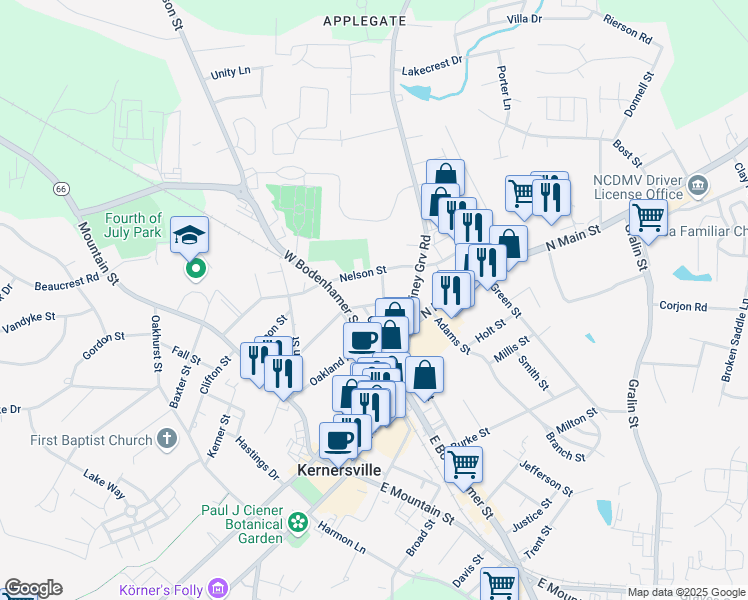 map of restaurants, bars, coffee shops, grocery stores, and more near 315 Church Street in Kernersville
