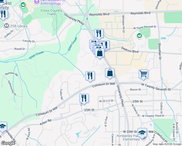 map of restaurants, bars, coffee shops, grocery stores, and more near 2800 Carriage Drive in Winston-Salem
