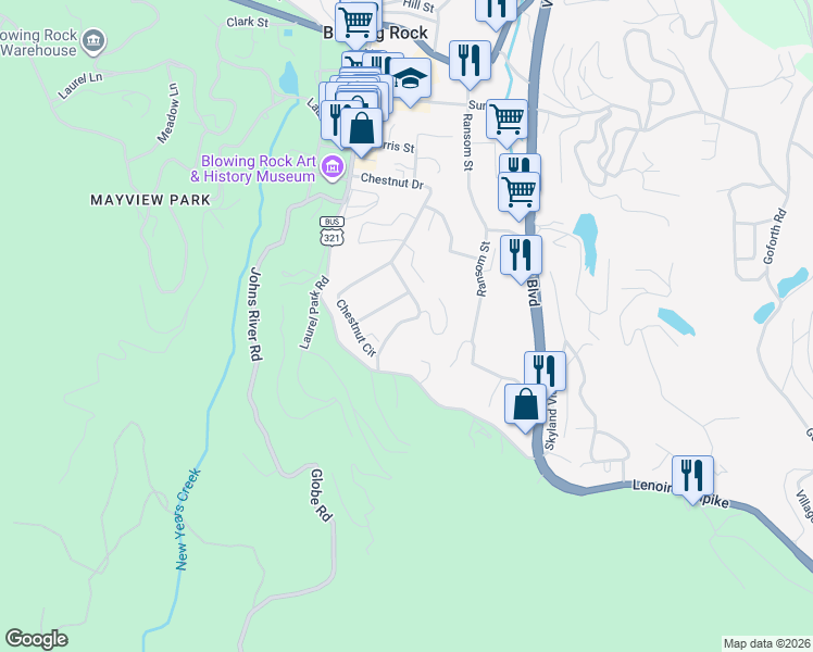 map of restaurants, bars, coffee shops, grocery stores, and more near 637 Chestnut Drive in Blowing Rock