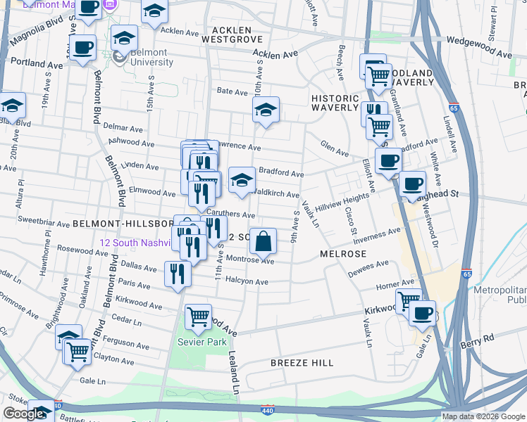 map of restaurants, bars, coffee shops, grocery stores, and more near 928B Caruthers Avenue in Nashville