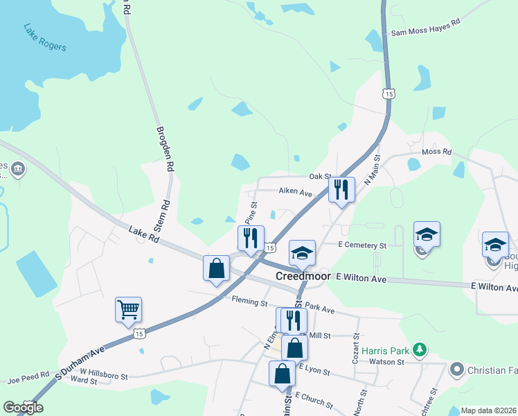 map of restaurants, bars, coffee shops, grocery stores, and more near 708 North Pine Street in Creedmoor