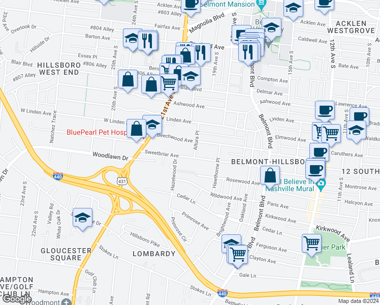 map of restaurants, bars, coffee shops, grocery stores, and more near 1902 Sweetbriar Avenue in Nashville