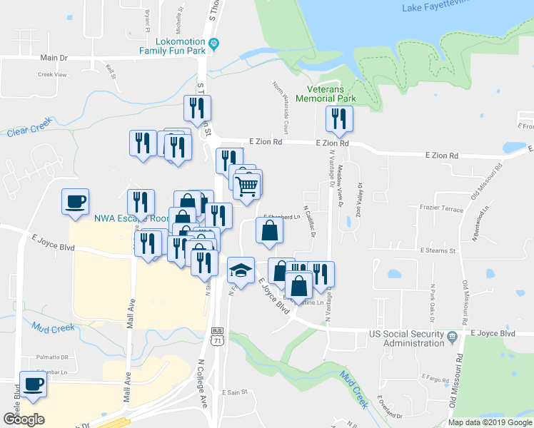 map of restaurants, bars, coffee shops, grocery stores, and more near 1150 East Shepherd Lane in Fayetteville