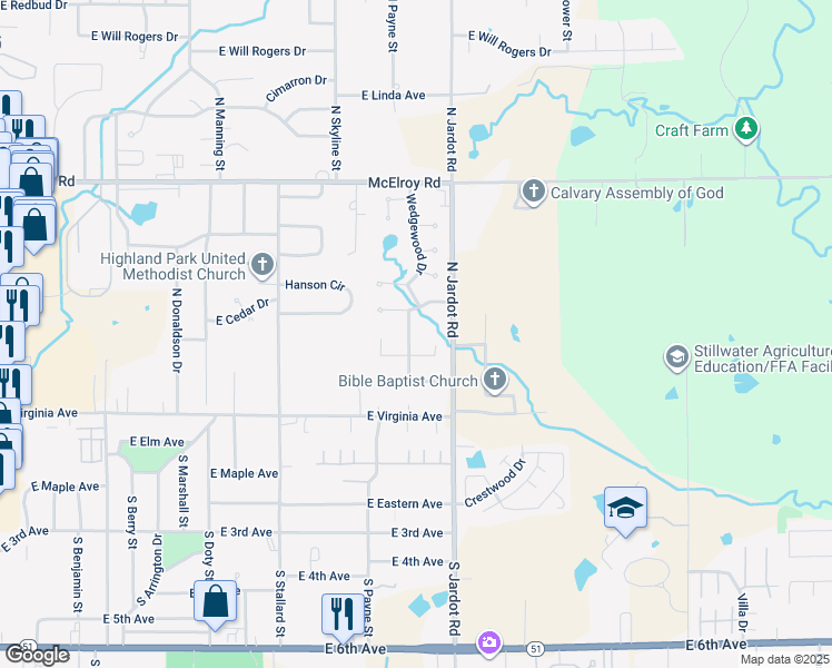 map of restaurants, bars, coffee shops, grocery stores, and more near 313 Wedgewood Drive in Stillwater