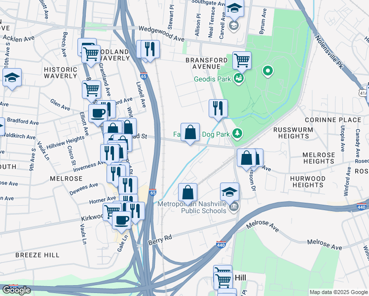 map of restaurants, bars, coffee shops, grocery stores, and more near 483 Craighead Street in Nashville