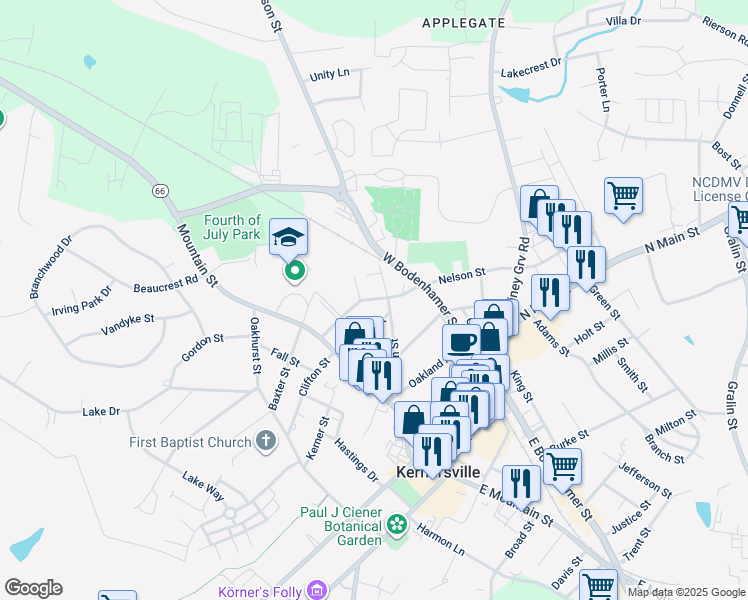 map of restaurants, bars, coffee shops, grocery stores, and more near 143 Nelson Street in Kernersville