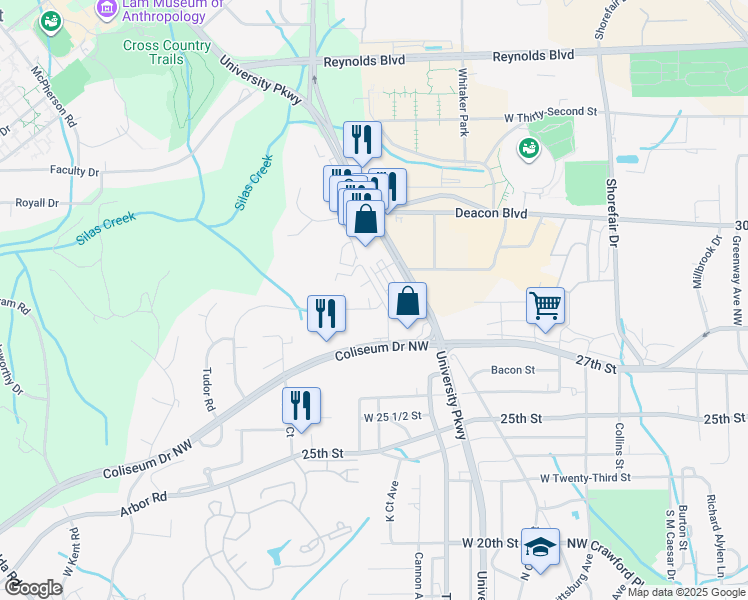 map of restaurants, bars, coffee shops, grocery stores, and more near 2810 Carriage Drive in Winston-Salem