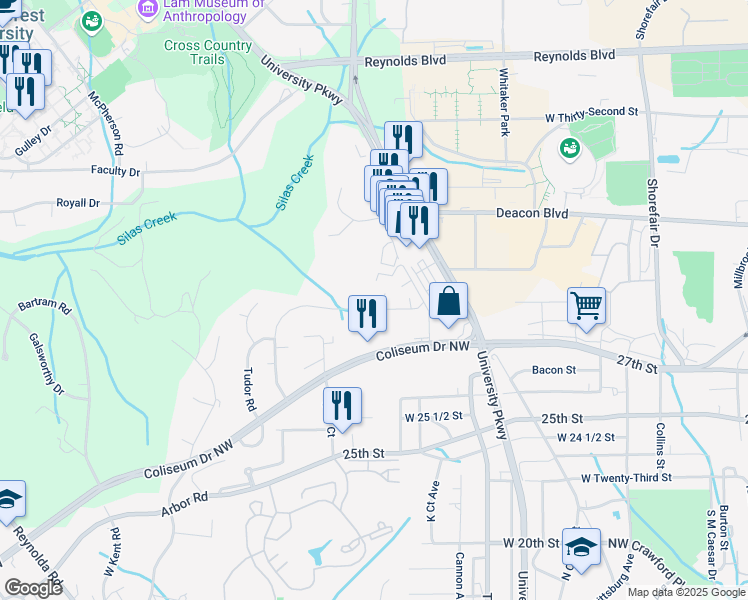 map of restaurants, bars, coffee shops, grocery stores, and more near 2800 Carriage Drive in Winston-Salem
