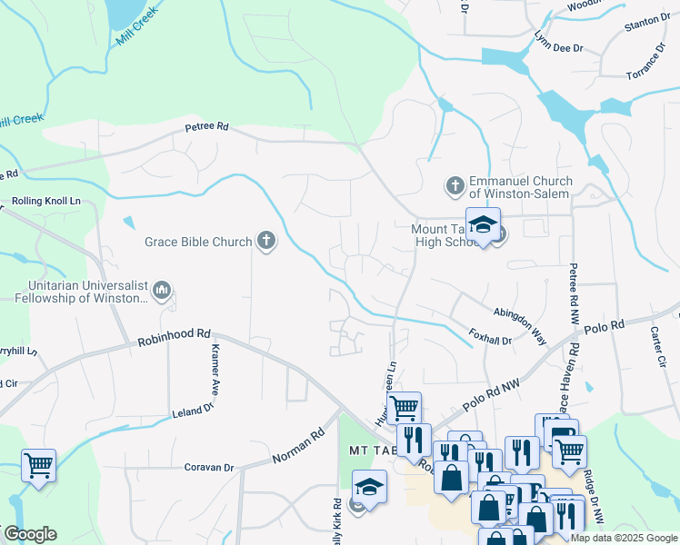 map of restaurants, bars, coffee shops, grocery stores, and more near 3991 Valley Court in Winston-Salem