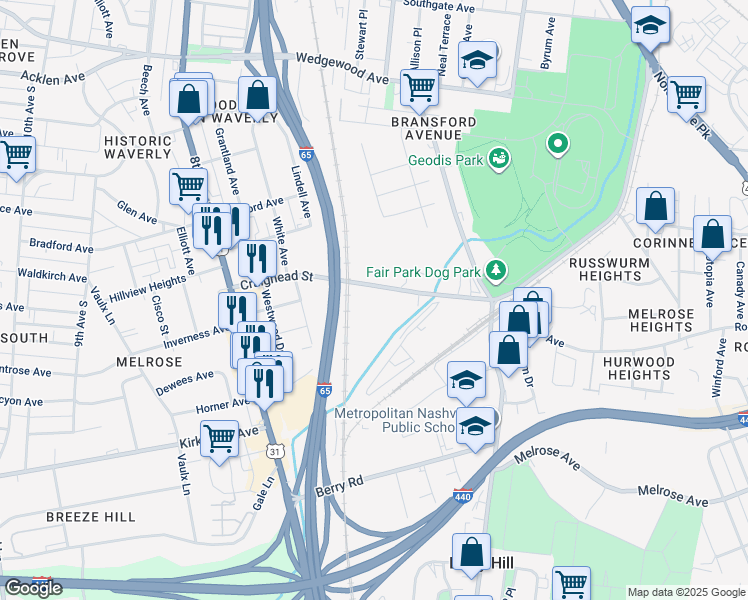 map of restaurants, bars, coffee shops, grocery stores, and more near 483 Craighead Street in Nashville