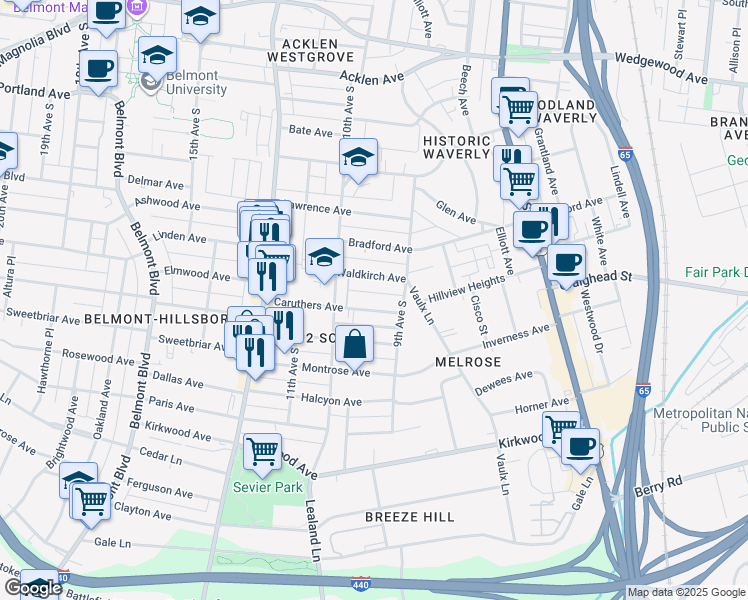 map of restaurants, bars, coffee shops, grocery stores, and more near 906 Caruthers Avenue in Nashville