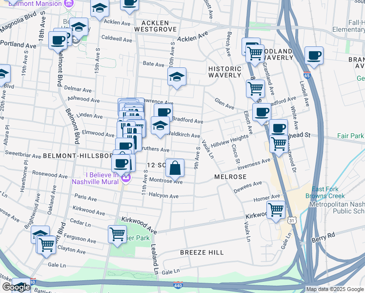 map of restaurants, bars, coffee shops, grocery stores, and more near 928B Caruthers Avenue in Nashville