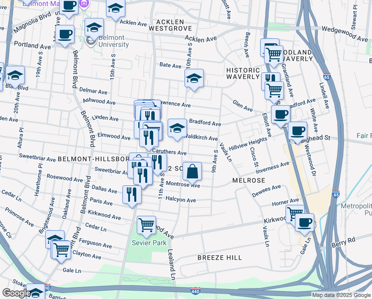 map of restaurants, bars, coffee shops, grocery stores, and more near 928B Caruthers Avenue in Nashville