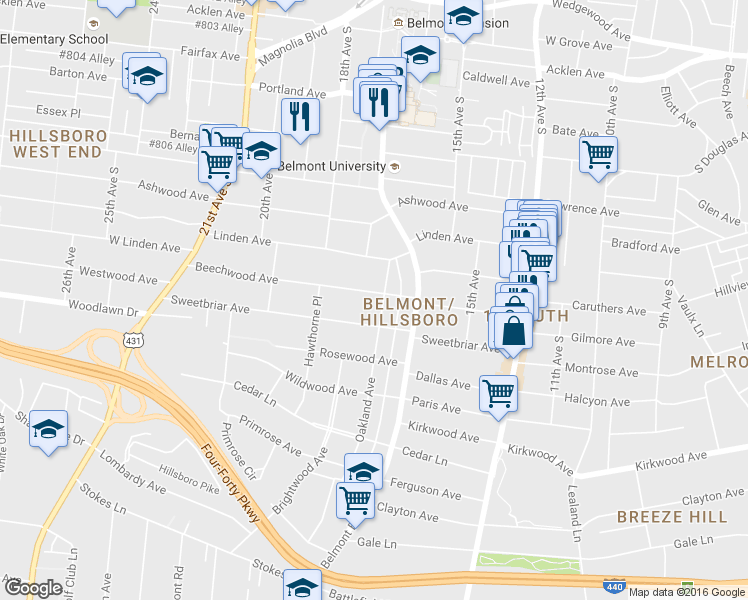 map of restaurants, bars, coffee shops, grocery stores, and more near 2501 Oakland Avenue in Nashville