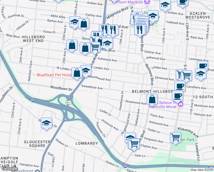 map of restaurants, bars, coffee shops, grocery stores, and more near 1901 Beechwood Avenue in Nashville