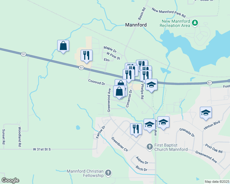 map of restaurants, bars, coffee shops, grocery stores, and more near 149 Bill Phelps Boulevard in Mannford