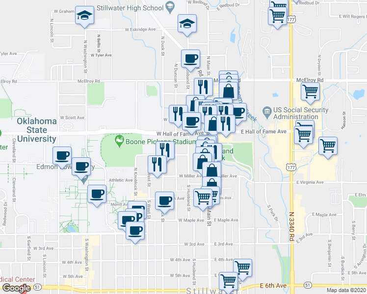 map of restaurants, bars, coffee shops, grocery stores, and more near 316 N3330 Road in Stillwater