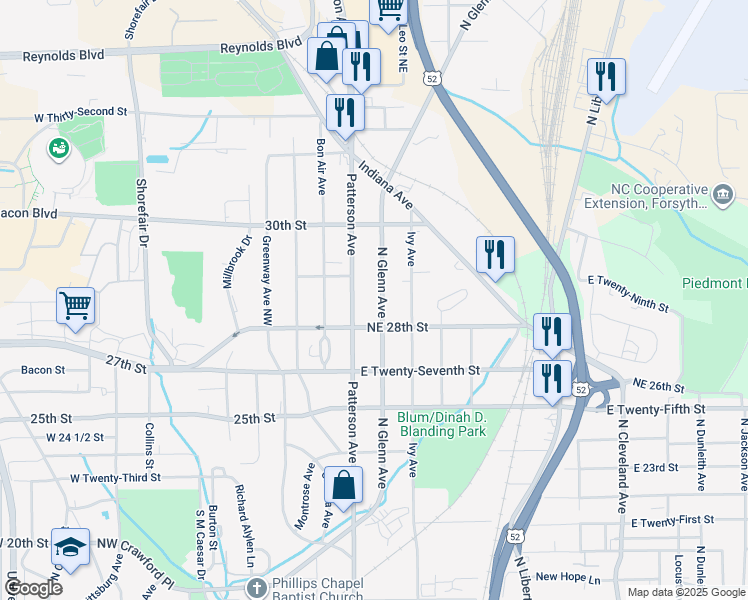 map of restaurants, bars, coffee shops, grocery stores, and more near 2824 Glenn Avenue Northeast in Winston-Salem