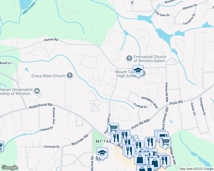 map of restaurants, bars, coffee shops, grocery stores, and more near 3920 Valley Court in Winston-Salem
