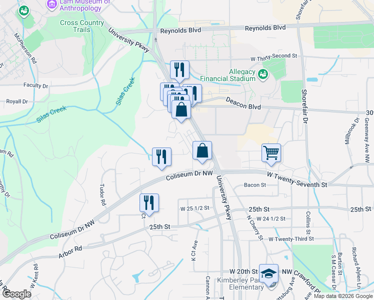 map of restaurants, bars, coffee shops, grocery stores, and more near 2810 Carriage Drive in Winston-Salem