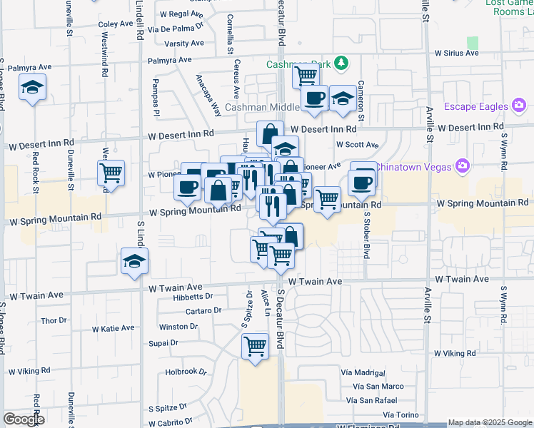 map of restaurants, bars, coffee shops, grocery stores, and more near 4949 Spring Mountain Road in Las Vegas