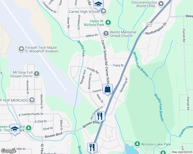 map of restaurants, bars, coffee shops, grocery stores, and more near 2708 Fondly Road in Winston-Salem