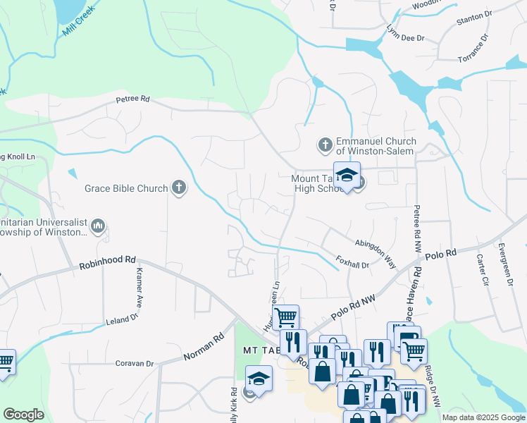 map of restaurants, bars, coffee shops, grocery stores, and more near 3940 Valley Court in Winston-Salem