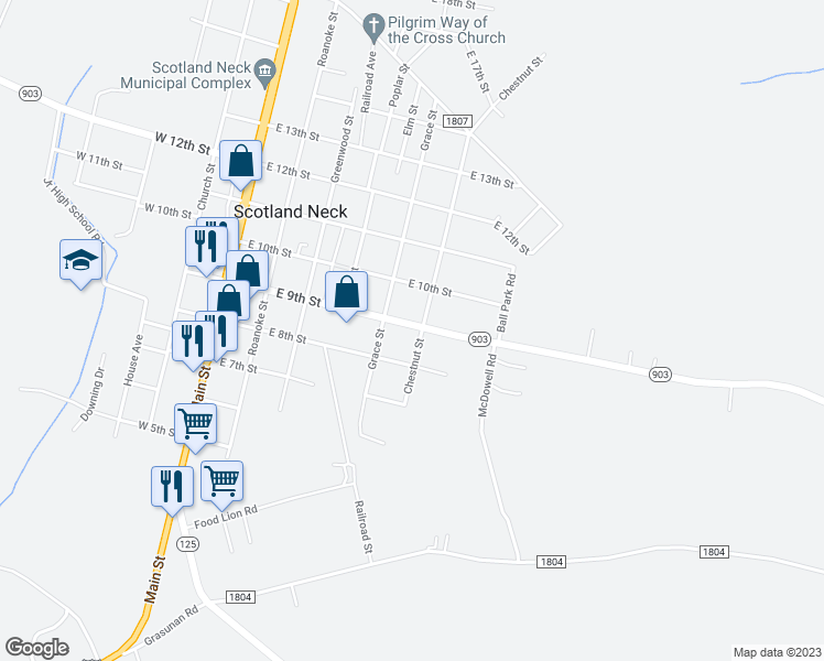 map of restaurants, bars, coffee shops, grocery stores, and more near 512 East 9th Street in Scotland Neck