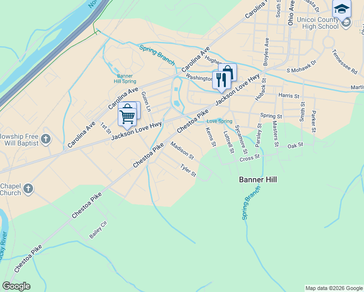 map of restaurants, bars, coffee shops, grocery stores, and more near 118 Madison St in Erwin