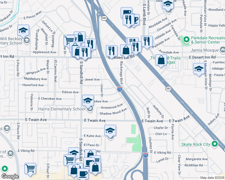 map of restaurants, bars, coffee shops, grocery stores, and more near 3991 Emerson Avenue in Las Vegas