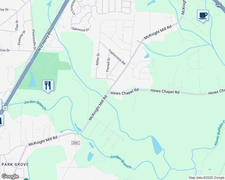 map of restaurants, bars, coffee shops, grocery stores, and more near 2400 McKnight Mill Road in Greensboro
