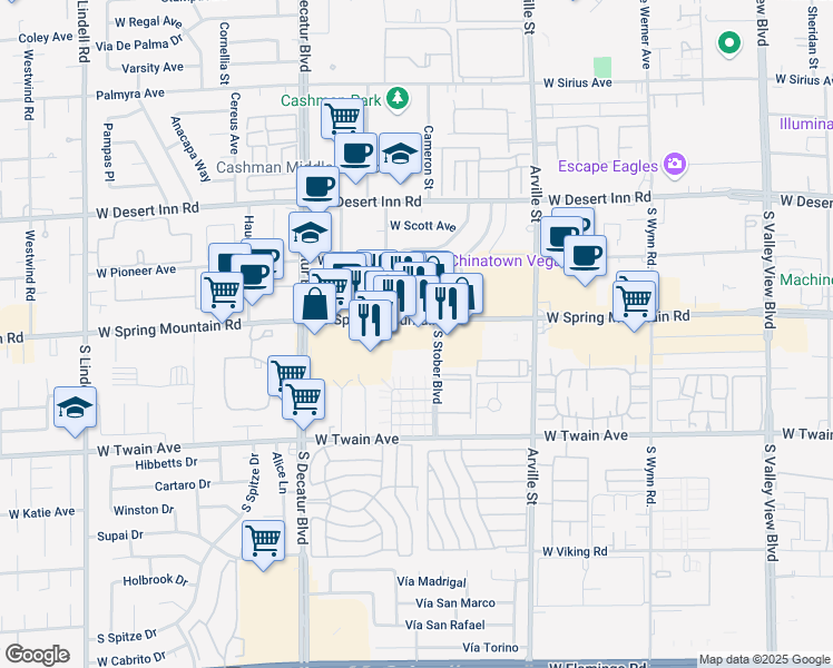 map of restaurants, bars, coffee shops, grocery stores, and more near 4663 Spring Mountain Road in Las Vegas