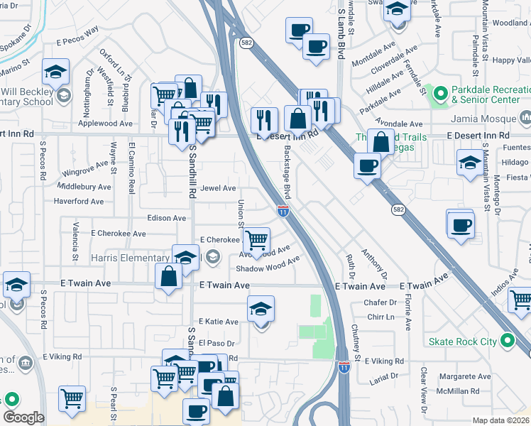 map of restaurants, bars, coffee shops, grocery stores, and more near 3991 Emerson Avenue in Las Vegas