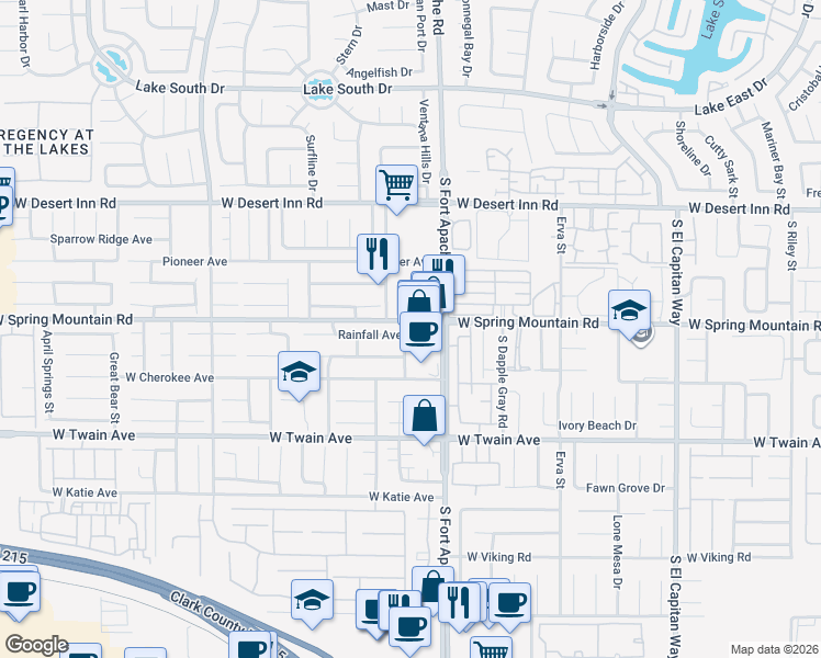 map of restaurants, bars, coffee shops, grocery stores, and more near 9456 Rainfall Avenue in Las Vegas