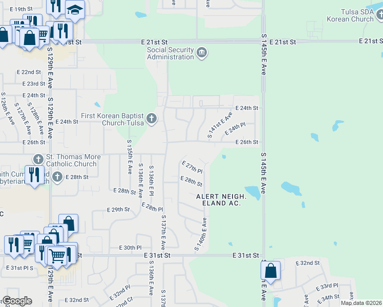 map of restaurants, bars, coffee shops, grocery stores, and more near 2703 South 138th East Avenue in Tulsa