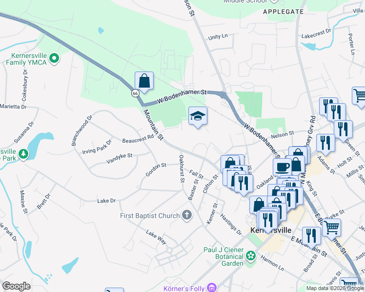 map of restaurants, bars, coffee shops, grocery stores, and more near 608 West Mountain Street in Kernersville