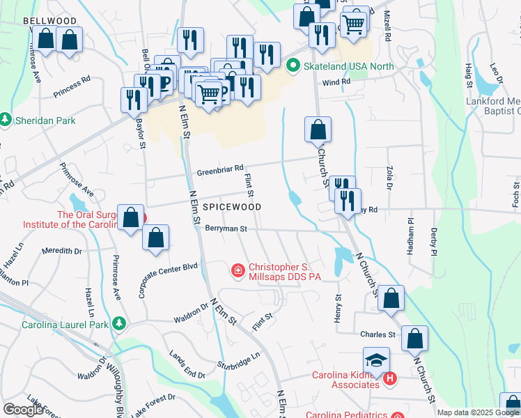map of restaurants, bars, coffee shops, grocery stores, and more near 3706 Flint Street in Greensboro