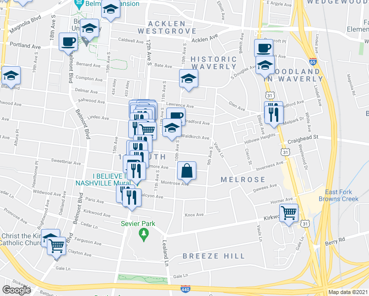 map of restaurants, bars, coffee shops, grocery stores, and more near 928B Caruthers Avenue in Nashville