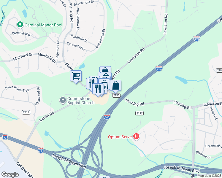 map of restaurants, bars, coffee shops, grocery stores, and more near 2120 Fleming Road in Greensboro