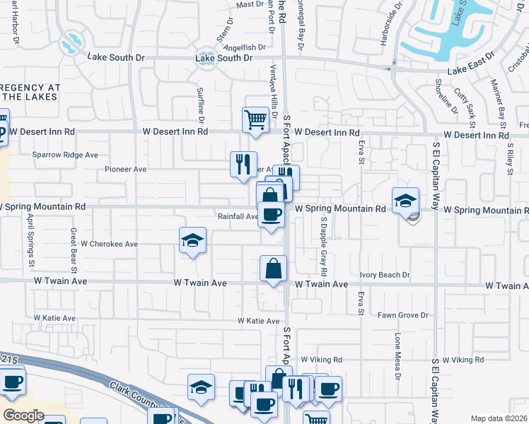 map of restaurants, bars, coffee shops, grocery stores, and more near 9456 Rainfall Avenue in Las Vegas