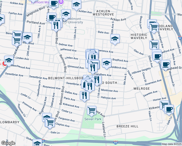 map of restaurants, bars, coffee shops, grocery stores, and more near 2401 12th Avenue South in Nashville