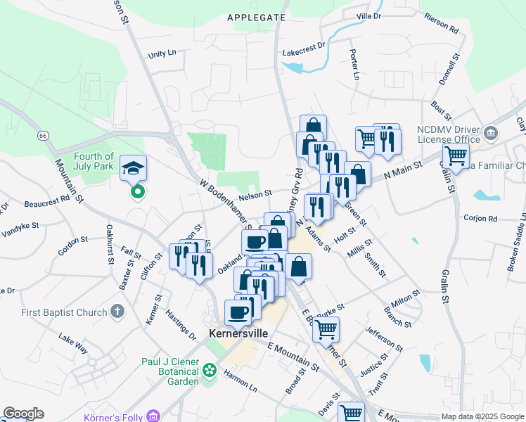 map of restaurants, bars, coffee shops, grocery stores, and more near 315 Church Street in Kernersville