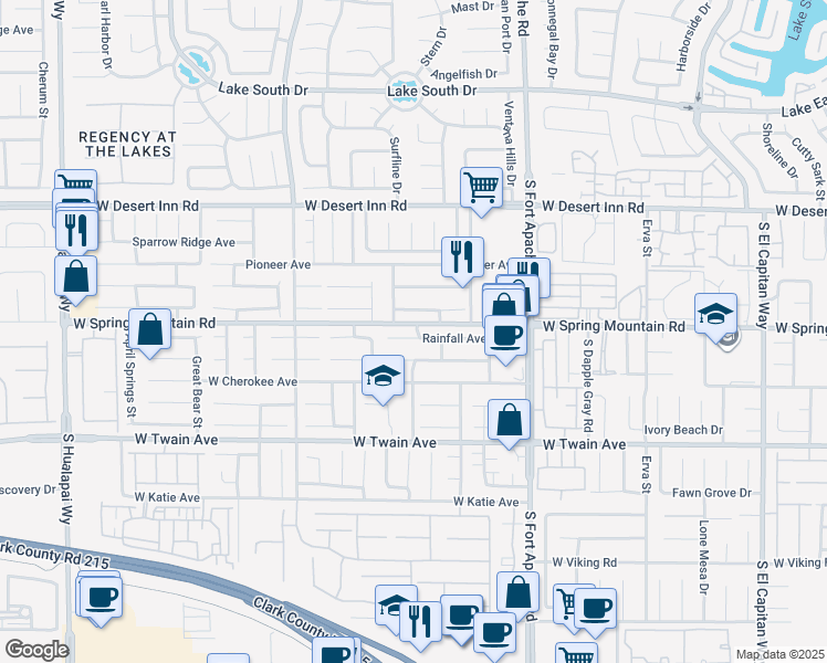 map of restaurants, bars, coffee shops, grocery stores, and more near 9600 Rainfall Avenue in Las Vegas