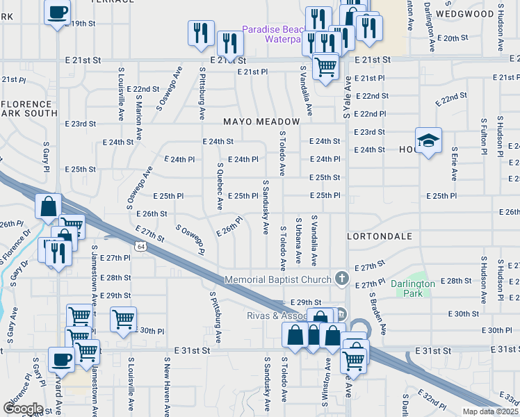 map of restaurants, bars, coffee shops, grocery stores, and more near 4321 East 26th Street in Tulsa